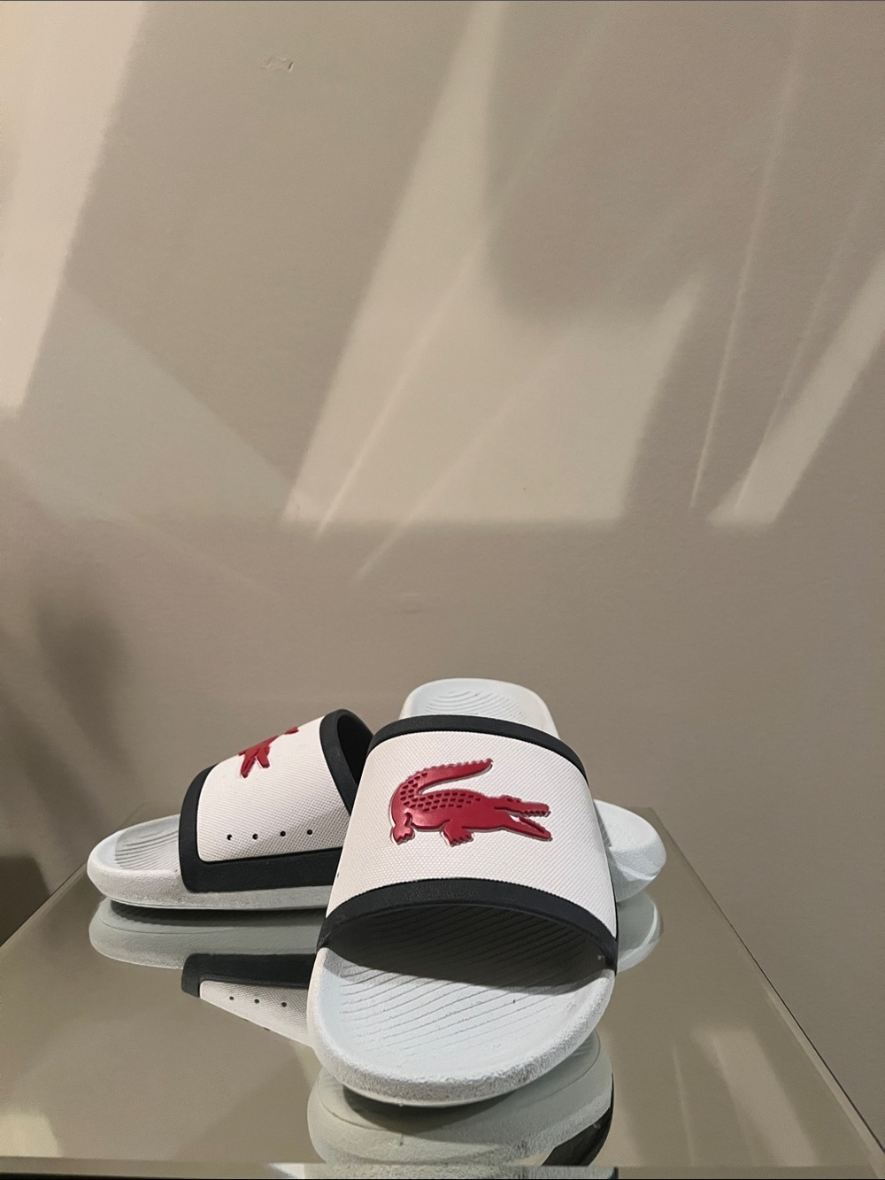 Lacoste White Slide Sandals with Red Crocodile Accent